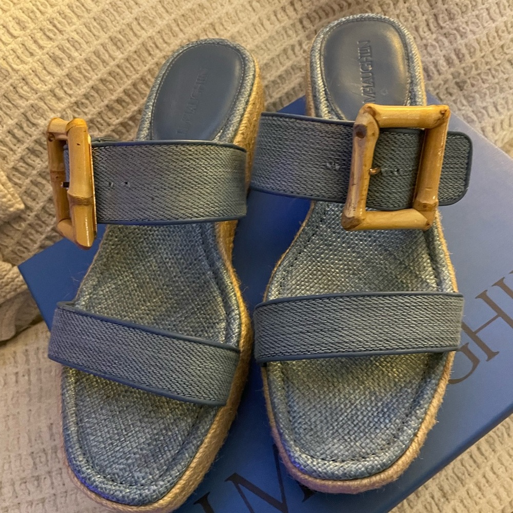 J. McLaughlin Fleur vintage denim wedge sandals, size 11